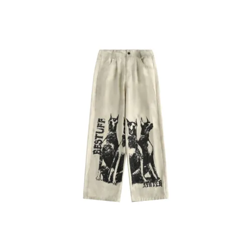 Retro Dirty Washing Doberman Pinel Printed Loose Loose Straight Leg Pants