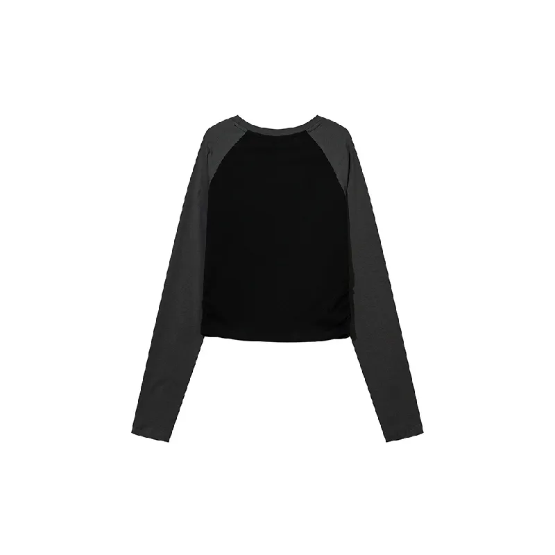 Retro Contrast Color Long Sleeve Cotton T Shirt Women-1