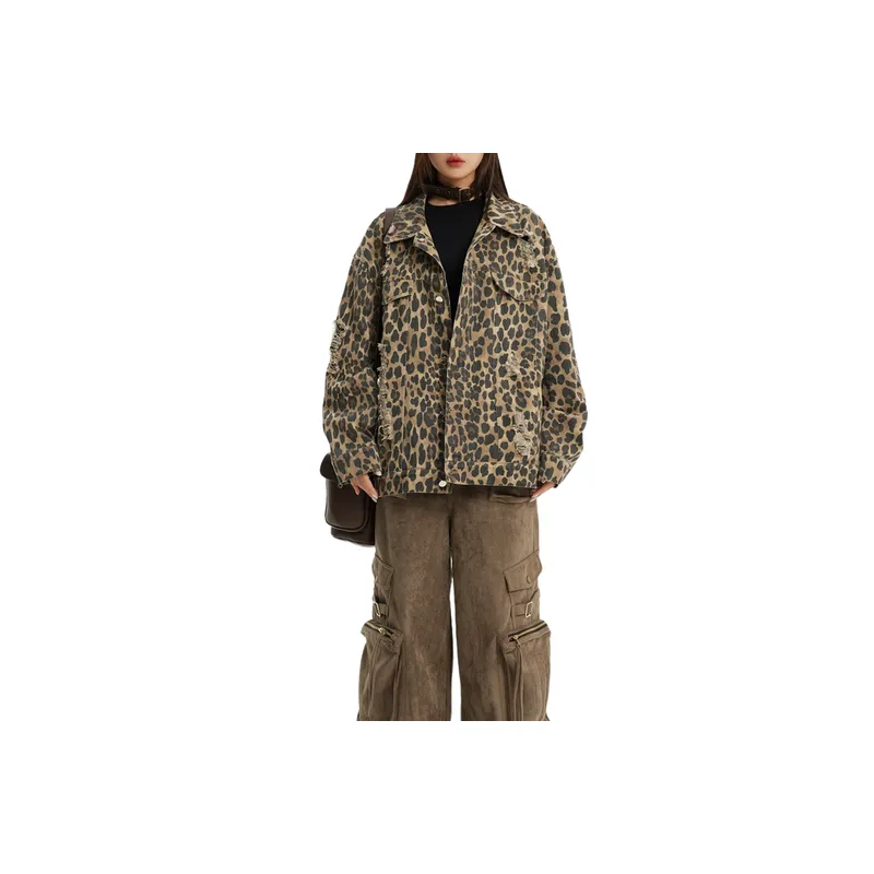 Retro Leopard Washed Ripped Cotton Jacket-2