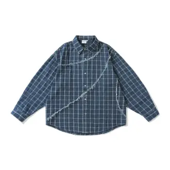 Grid Frayed Edge Decorative Collar Shirt