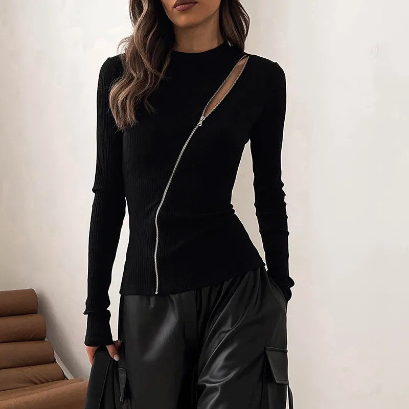 Fashionable Zipper T Shirt Women-2