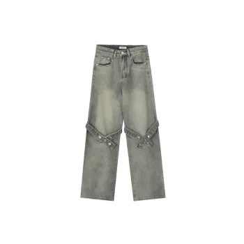 High Street American Style Vintage Washed Old Straight Jeans Trendy Brand Loose All match Design Sense Strap Pants
