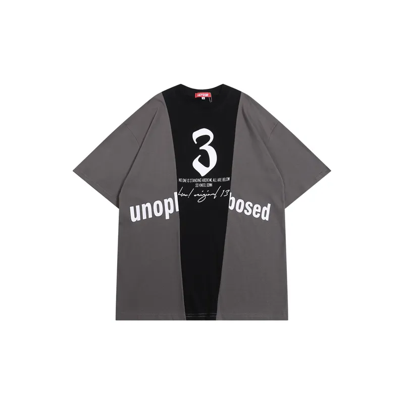 Street Trendy Design Stitching Contrast Color Short Sleeve T Shirt-2