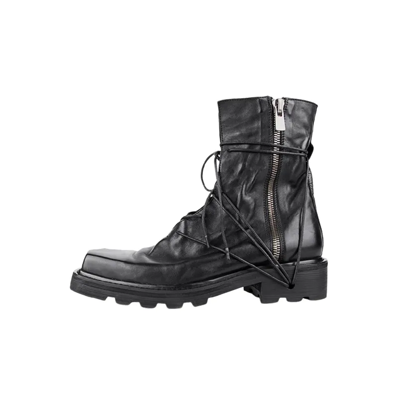 Thick soled Square Toe Leather Boots