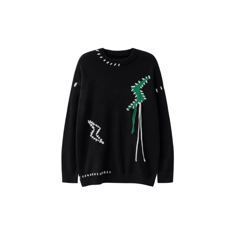 High Street Lightning Embroidered Tassel Knitwear Contrast Color Wear Rope Tide Loose Sweater-0