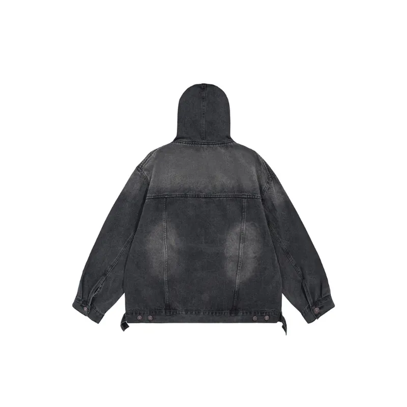 Retro High Street Washed Distressed Denim Hooded Pullover Distinctive Sweatshirt-1