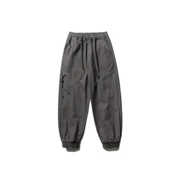 Solid Color Lanyard Decorative Cuffed Retro Loose Functional Casual Pants