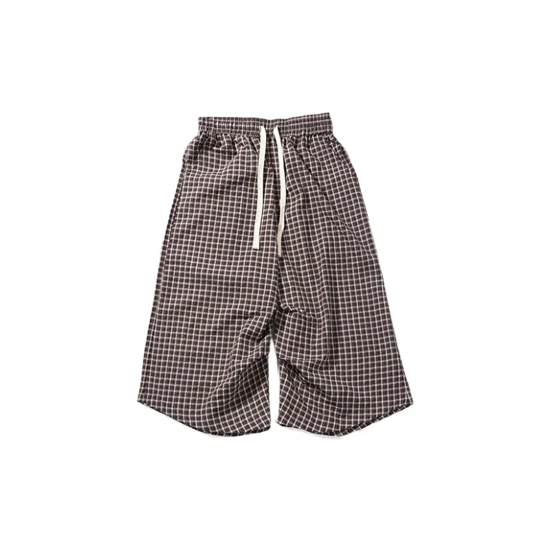 Retro Plaid Loose Cotton Blended Fabric Casual Shorts Unisex-4