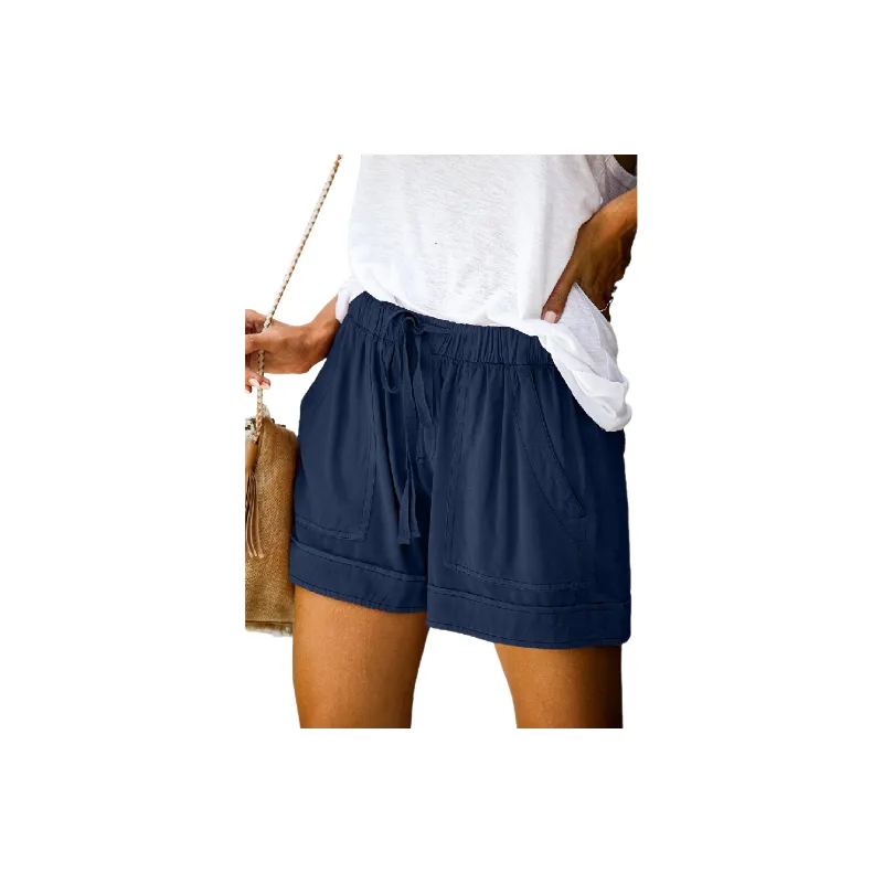 Plain Loose Cotton Blended Fabric Casual Shorts Women-3