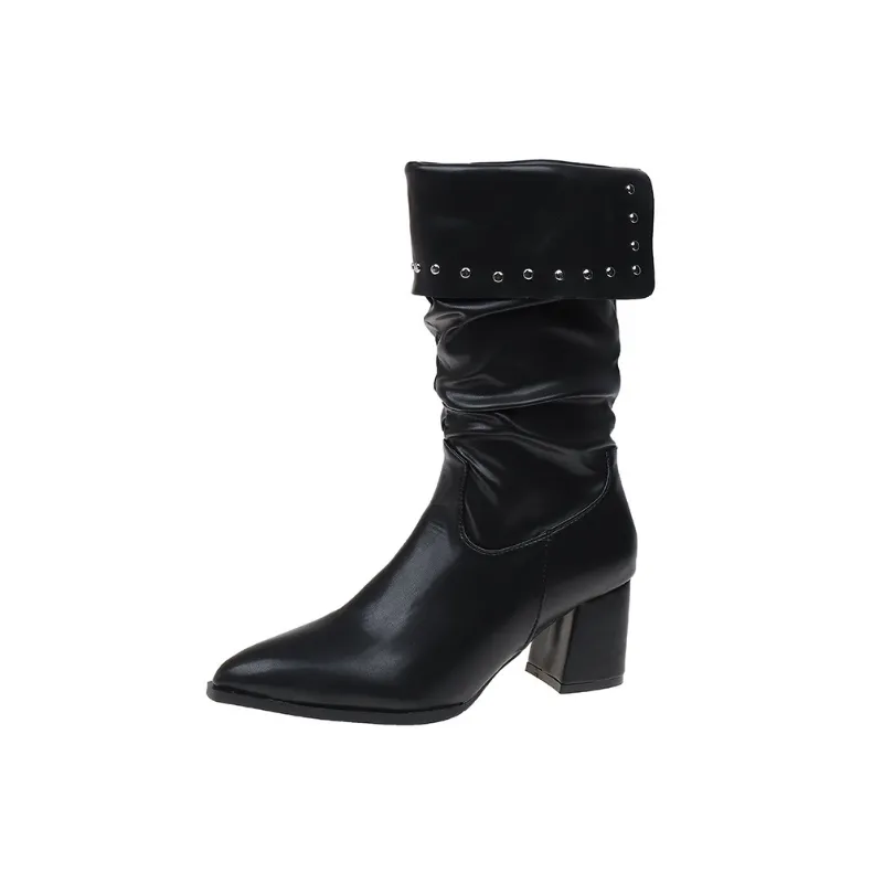 Simple Retro Mid Calf Buckle Boots