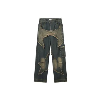 High Street Retro Creative Destructions Star Cloth Denim Loose Wide Leg Straight Jeans