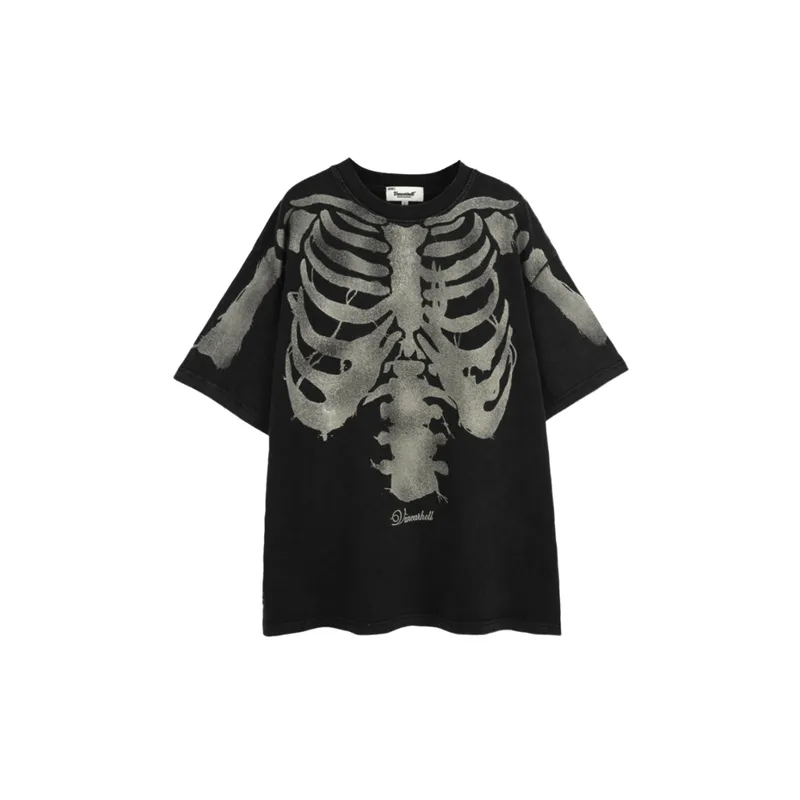 Washed Dark Skeleton Print T Shirt-4