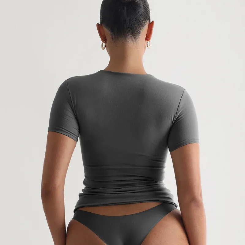 Fashionable Plain Naked Feel Single Sided Brushed Fabric T Shirt Women-11