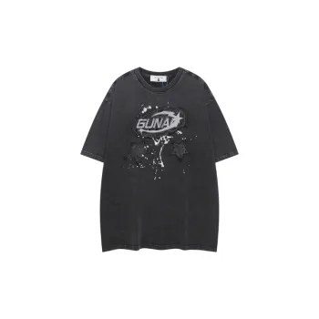 Retro Hip Hop Washed Distressed Embroidered Short Sleeved T Shirt