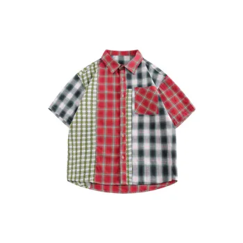 Trendy Short sleeved Loose Patchwork Plaid Shirt