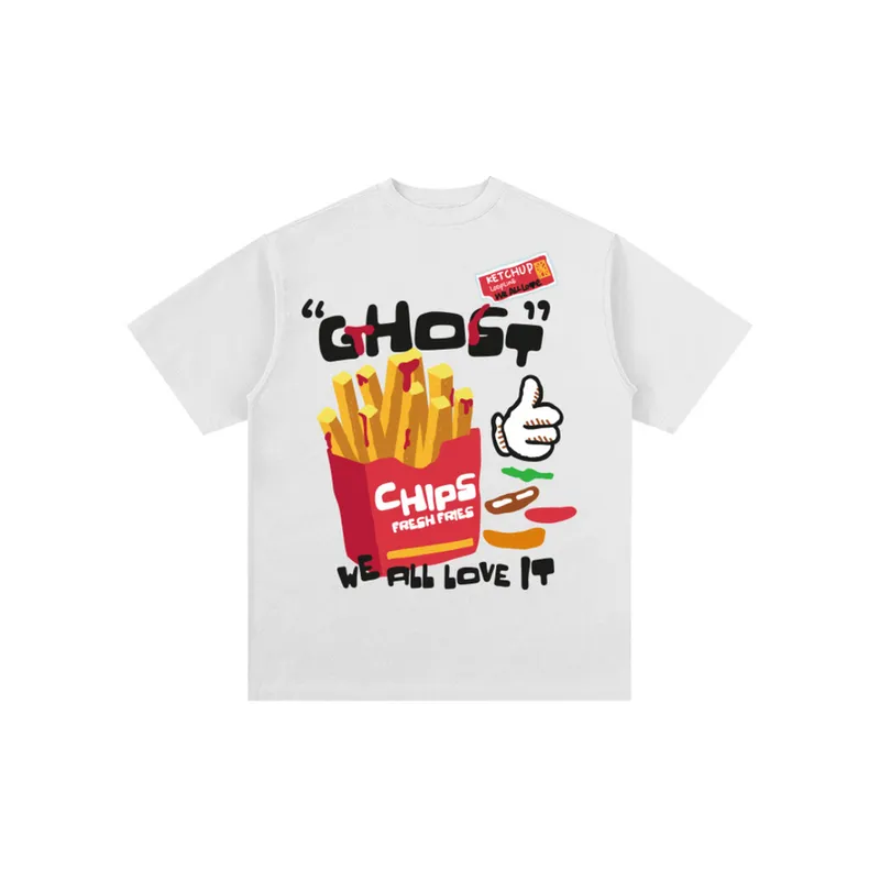 French Fries Printed Loose Shoulder T shirt-2