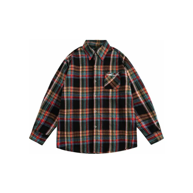 Vintage Plaid Loose Contrast Color Color block Long sleeved Shirt