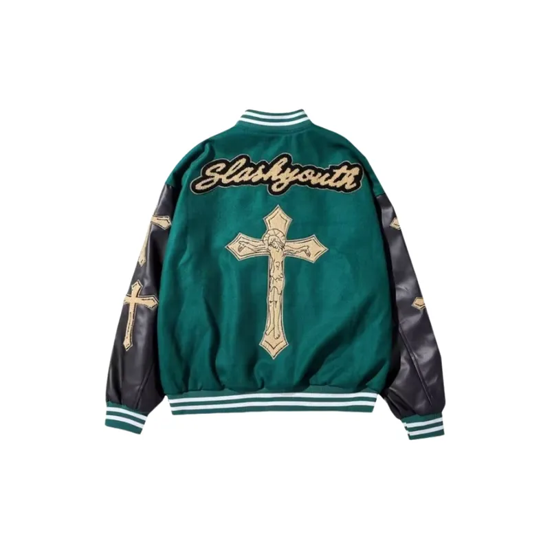 Flocking Cross Embroidered Woolen Stitching PU Leather Aviator Collar Cardigan Jacket-1