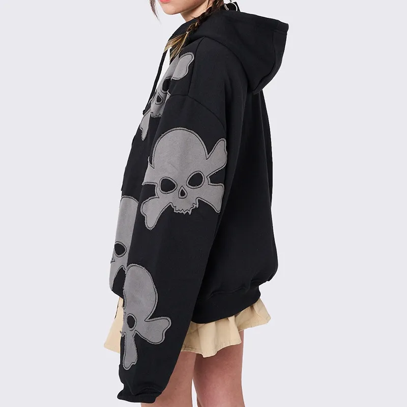 Street Zipper Skull Sweatshirt Women-2