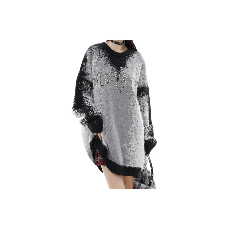 Retro Gradient Jacquard Metal Beads Decorative Contrast Crewneck Turtleneck Sweater-5