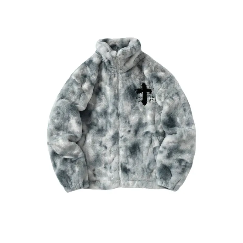 Vintage Tie Dye Gradient Plush Cross Embroidered Lambskin Imitation Jacket-0