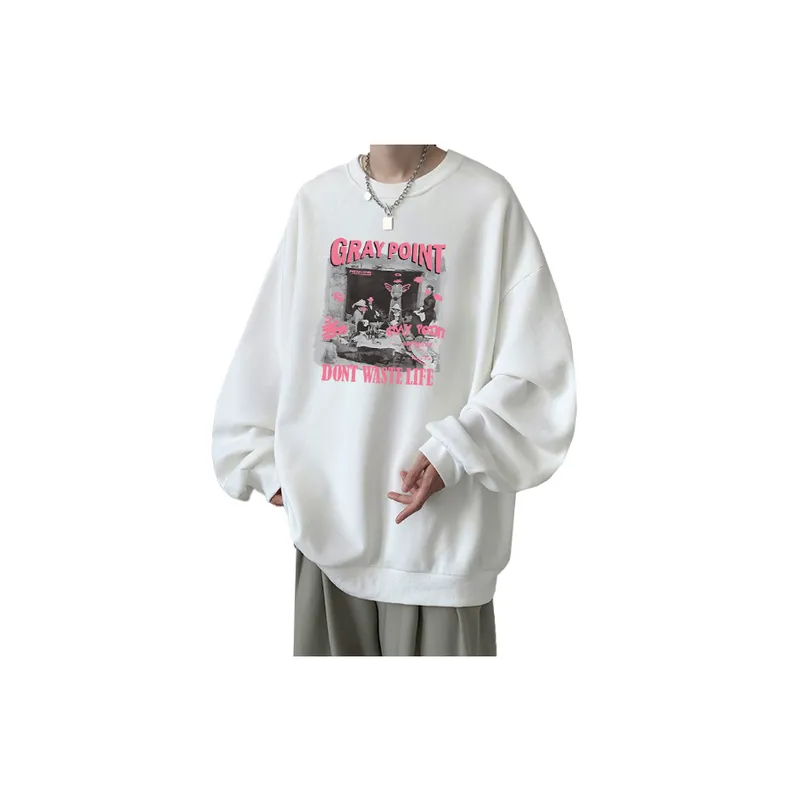 Fashion High Street Hip hop Crewneck Loose Fleece lined Thickened Sweatshirt-8
