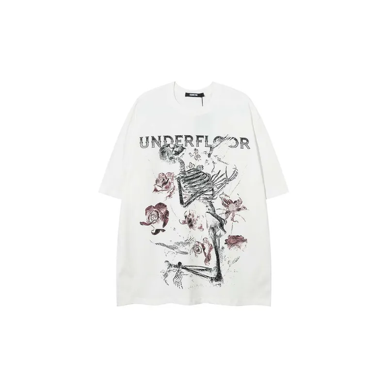 Hip Hop Skull Plant Print Trendy T Shirt-0
