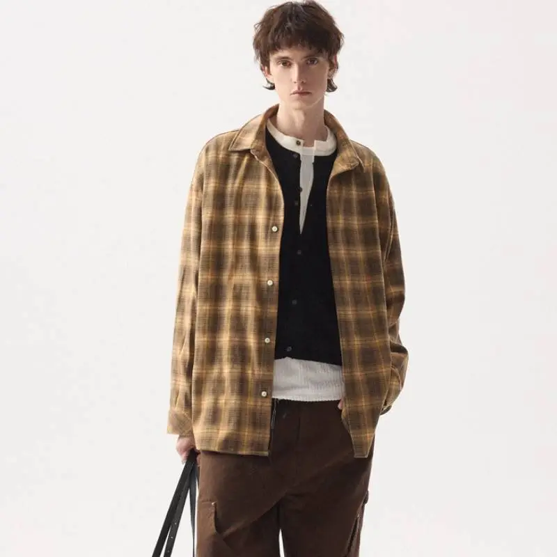 Retro Long Sleeve Plaid Blended Synthetic Fabrics Shirt-6