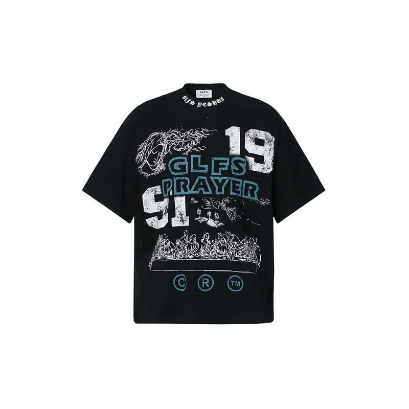 Retro Print Cotton Blended Fabric T-Shirt-0