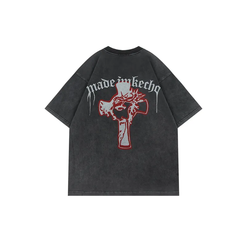 Vintage Cross Printed Washed Short sleeved T shirt-17