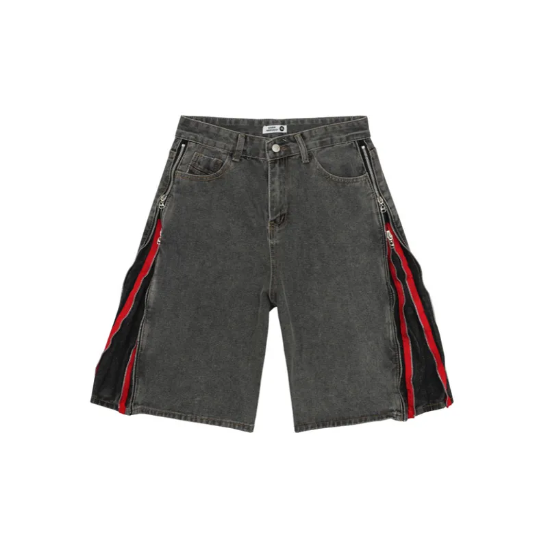 Retro High Street Black And Red Double Zipper Washed Old Denim Shorts