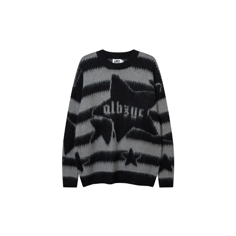 Hip hop Retro Contrast Color Striped Street Loose Lazy Style Color matching Knitted Sweater-0