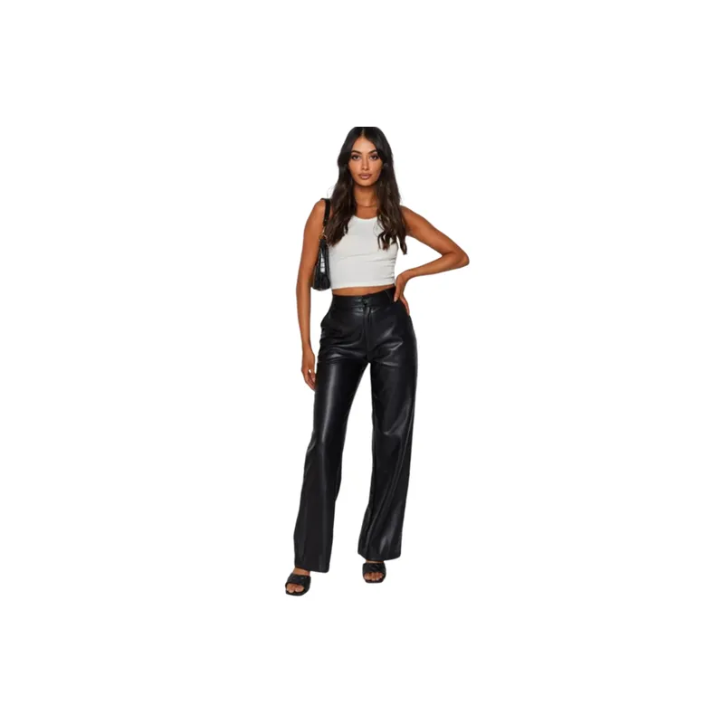 Simple Plain PU Leather Pants Women-0