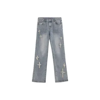 Sticker Cross Micro La Washed American Style High Street Jeans Loose Straight Embroidered Pants Fashionable All Match