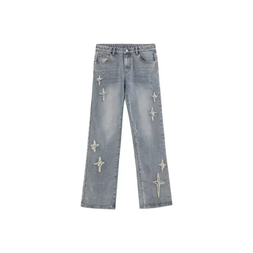 Sticker Cross Micro La Washed American Style High Street Jeans Loose Straight Embroidered Pants Fashionable All Match