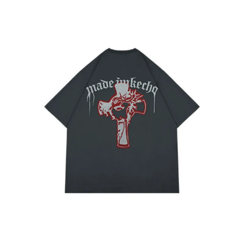 Vintage Cross Printed Washed Short sleeved T shirt-7