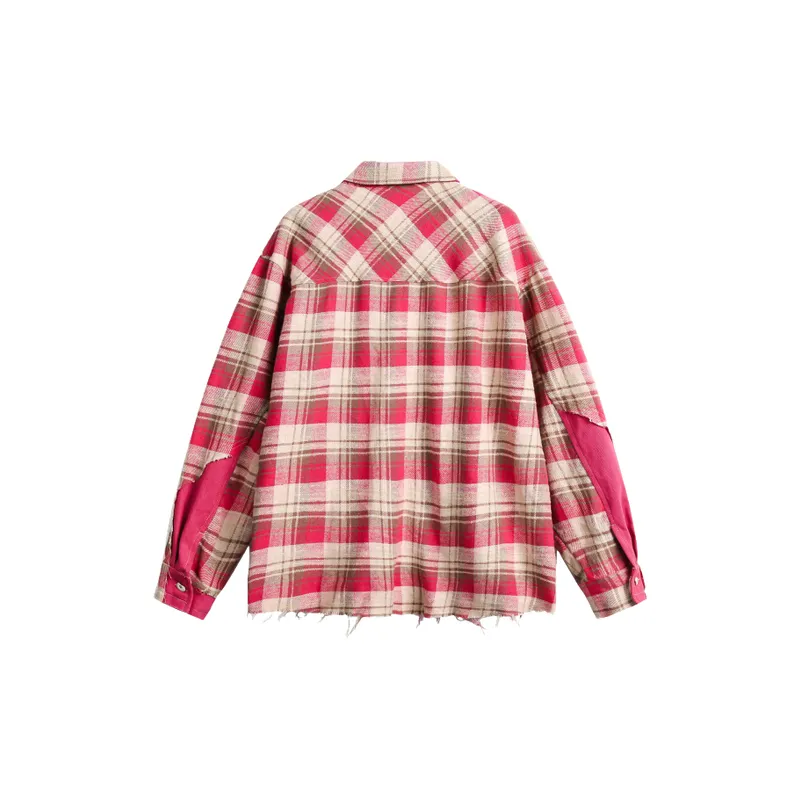 Retro Plaid Tassel Destruction Long Sleeved Shirt-1
