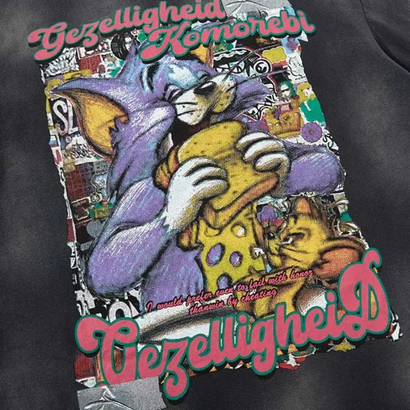 Cartoon Washed Cotton Blended Fabric T Shirt-5