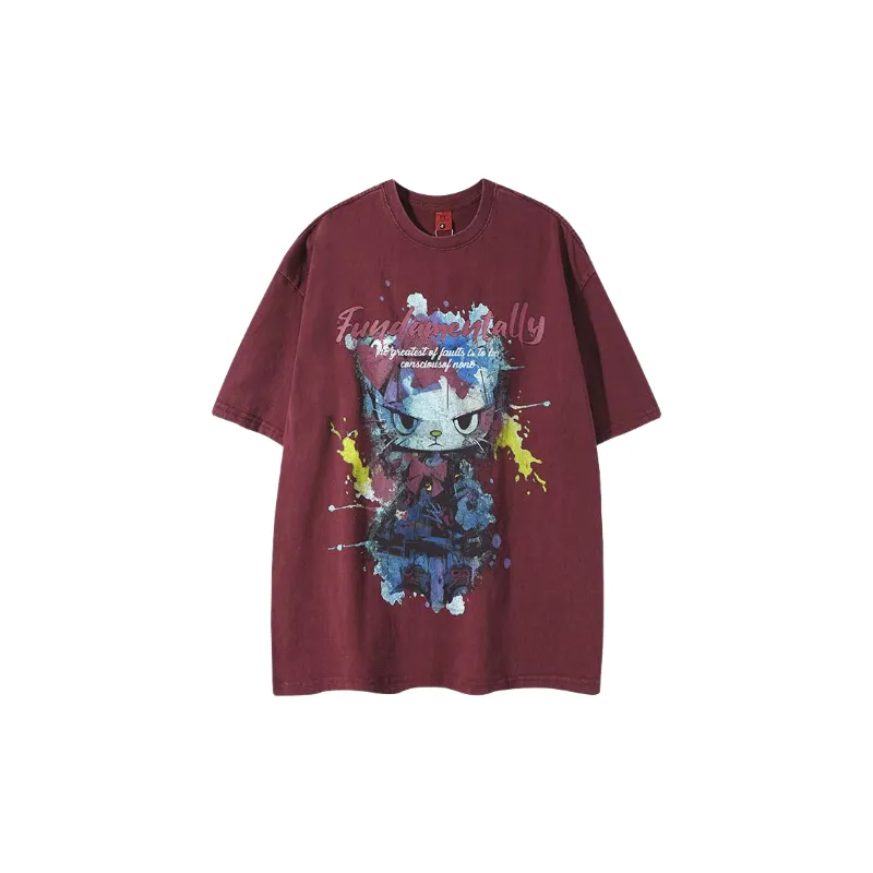 Retro Washed Cotton Blended Fabric T Shirt-0