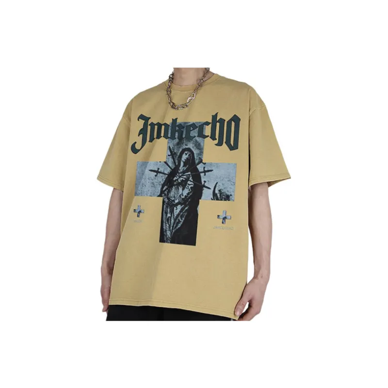 Retro Antique Washed Cross Figure Print T shirt-27