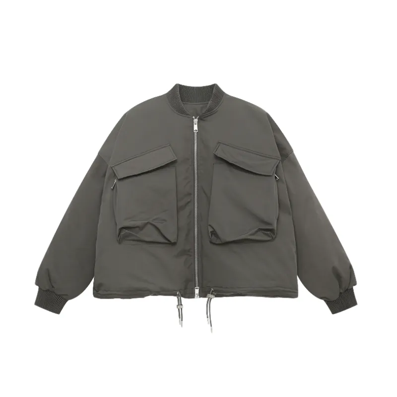 Loose Simple Multi pocket Zipper Cotton padded Coat-4
