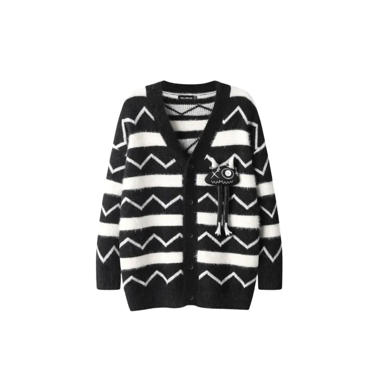 Dopamine Corrugated Contrast Cardigan Personality Doll Decorative Loose Knitted Sweater