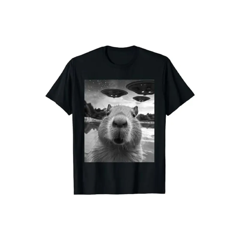 Funny Graphics Capybara Selfie With UFO Weird T shirt-0