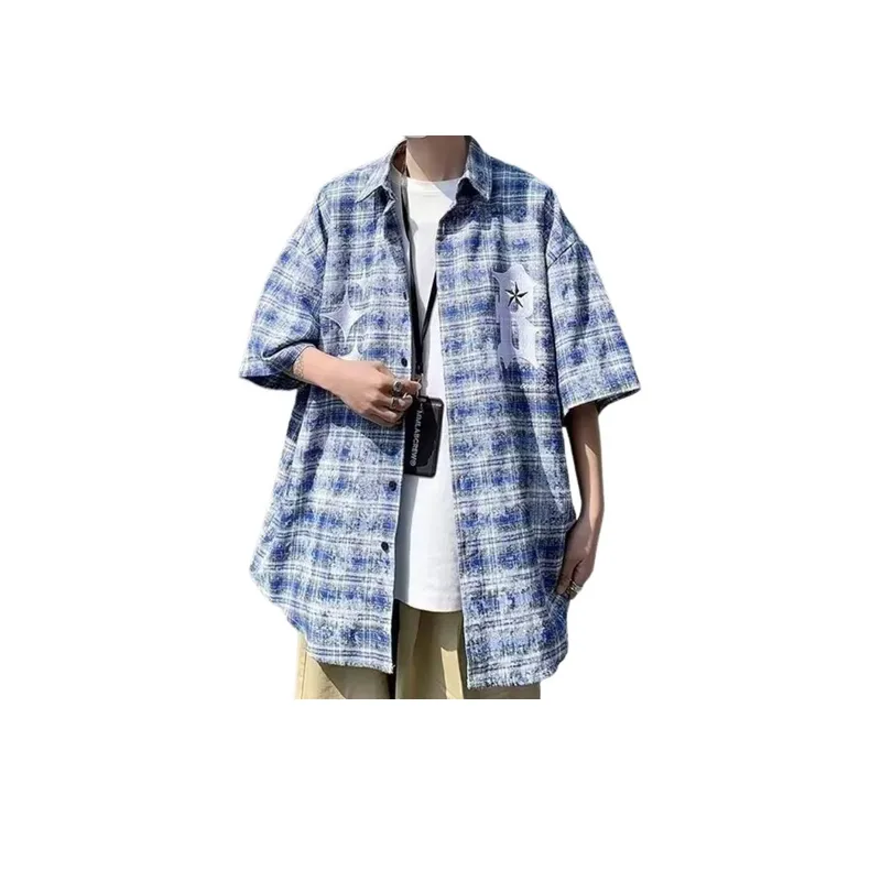 Retro Tie Dyed Plaid Short Sleeved Shirt-0