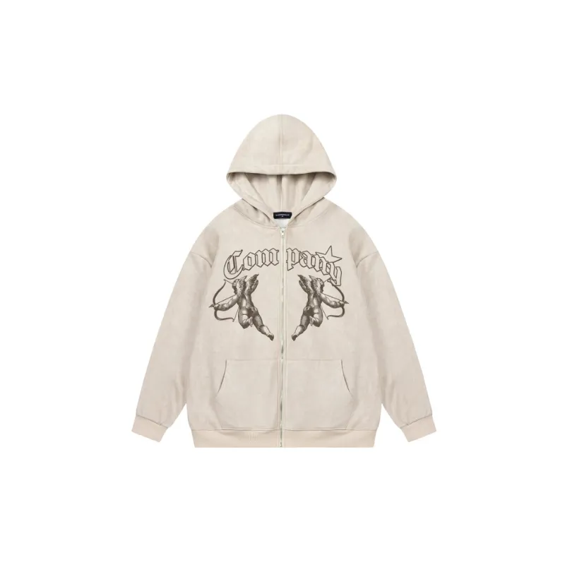 Trendy Distressed Angel Pattern Cardigan Padded Hooded Sweatshirt-2