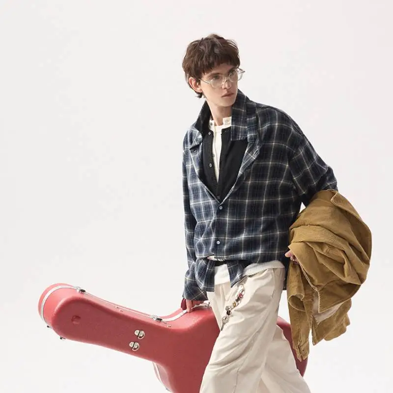 Retro Long Sleeve Plaid Blended Synthetic Fabrics Shirt-2