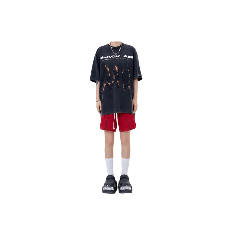 Retro Trendy Washed Distressed Flame Printed Short sleeved T shirt-6