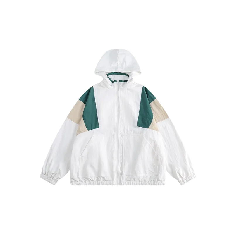 Retro Stitching Contrast Color Loose Vertical Collar Functional Hooded Sports Jacket-0