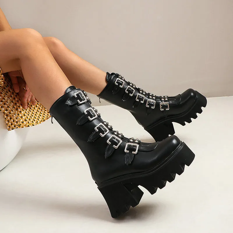 Punk Metal Mid Calf Boots-1