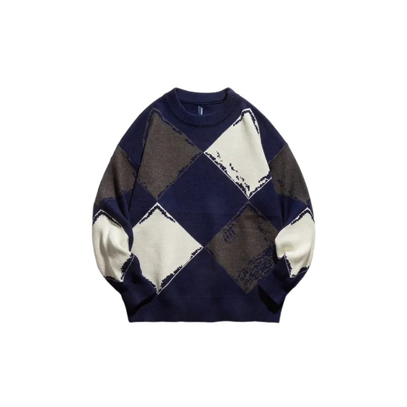 Contrast Color Plaid Crewneck Sweater-6
